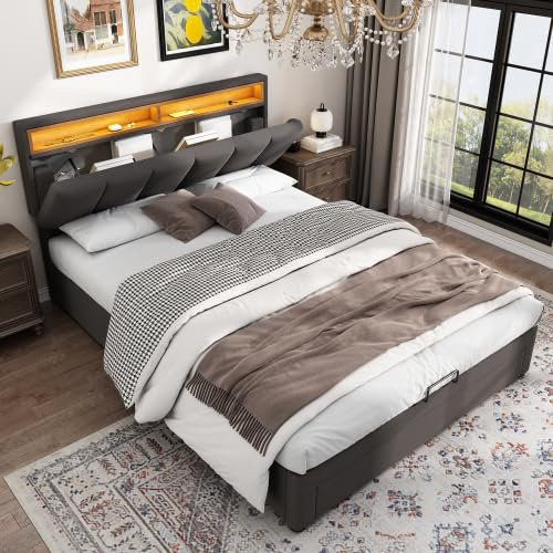 4ft6 Upholstered Double Bed Frame Ottoman Storage Bed with Hydraulic Lever&Drawers&LED Lighting, Lift Up Double Bed Frame with Adjustable Concealed Headboard Storage&Slats, Linen, No Mattress, Grey