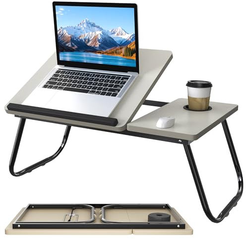 Suusolny Laptoptisch Verstellbarer Laptop-Tisch Betttablett Klappbar mit Cup Slot Lapdesk für Sofa Arbeit Studium Lesen Beistelltisch Notebooktisch mit Leseklappe Tragbarer Lapschreibtisch - Weiß