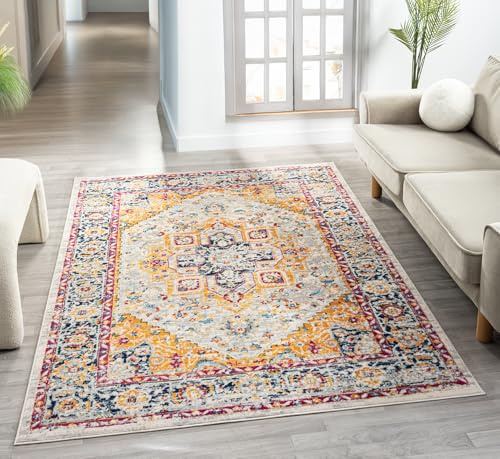 Rugs by Desire San Marino Modern Living Room Area Rug – Cut Pile Weaving - Jute Backing Abstract - Floral - Traditional Design Low Pile Rug, Multi Coloured, 200x290 cm