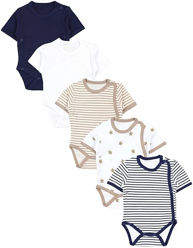 TupTam Baby Body Kurzarm Jungen – Wickelbody Kurzarm aus Baumwolle im 5er Set – OEKO-TEX Zertifiziert, Farbe: Streifen Beige Streifen Blau Weiß Sterne Beige Navy, Größe: 56
