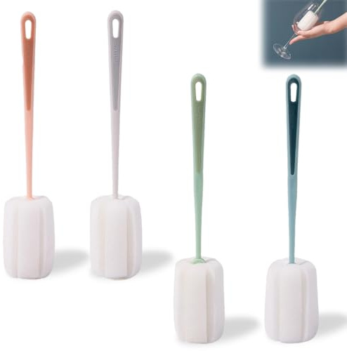 4 Stück Flaschenbürste Schwamm Reinigungsbürste, 25 cm Flaschenreiniger Bürste mit Langem Griff, Schwamm mit Stiel Starkes Aufnahmevermögen, Poröser Schwammbürste für Gläser, Babyflasche, Kessel