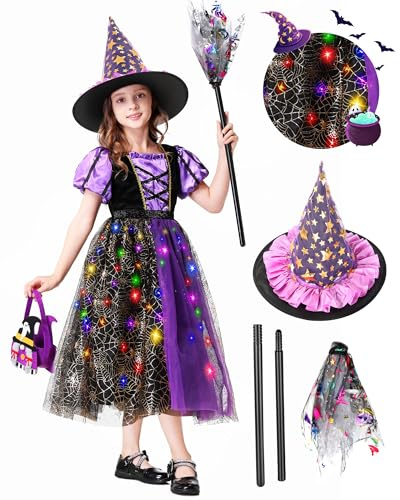 Charmofun Hexenkostüm Mädchen mit LED Lichter, Hexenkostüm Kinder mit Hexenbesen Hexenhut und Süßigkeitentasche, Halloween Kostüm Kinder Hexe, Mädchen Halloween Fasching Karneval Party Bekleidung