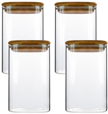 pantrytine Lot de 4 Bocaux en Verre Hermétique - Bocal en Verre avec Couvercle - Pot a Epices en Verre et Bois - Boite Rangement Cuisine Verre(1000ml)