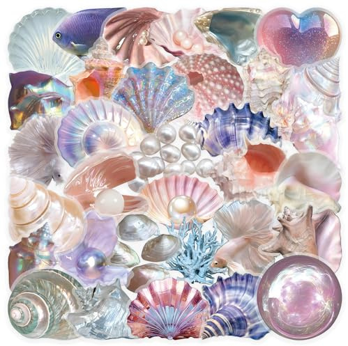 BRTNUP 100PCS Realistic Shell Stickers, Transparent Colorful Beach Shell Sticker for Water Bottles Laptops Travel Journals Scrapbooks Bike Suitcases Cute Stickers Pack for DIY Crafts and Home Decor