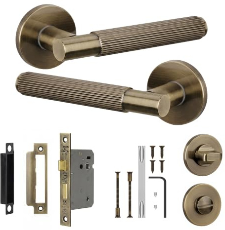 Decoranddecor Hera Antique Brass Bathroom Door Handles with Lock and Turn | Brass Bathroom Handle Lock Kit, Thumb Turn Privacy, En Suite Cloakroom Doors, Door Handles Internal, Aged Victorian Style
