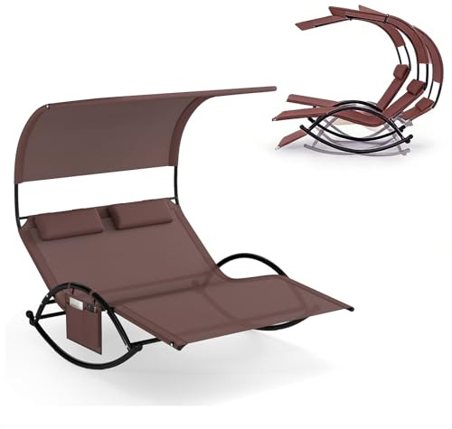 KOMFOTTEU Schaukelliege für 2 Personen, Sonnenliege mit Sonnenblende & Kopfstütze, Doppelliege bis 300 kg belastbar, Gartenliege Relaxliege für Terrasse, Pool (Braun)