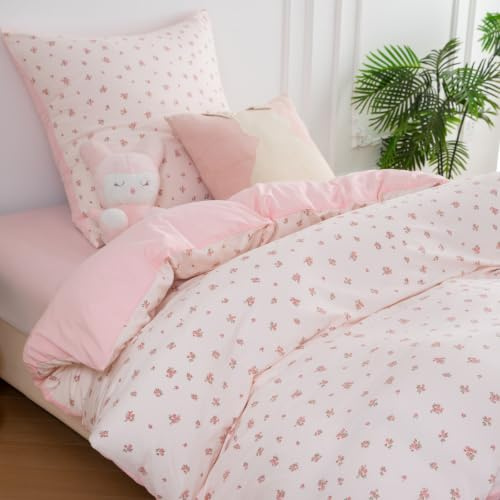 Beqnat Bettwäsche 135x200 Rosa Mädchen Blumen Bettbezug, Kissenbezug 80x80 | Mikrofaser Aesthetic Bettwäsche-Sets mit Reißverschluss, Bügelfrei &Weich Kinder Wendebettwäsche, 2teilig