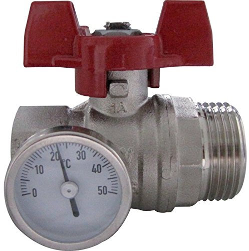 OV Kugelhahn, roter Griff m.Thermometer, 1IG x 1AG, flachdicht.