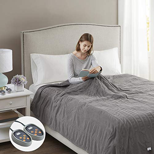 Beautyrest Heated Blanket Queen, Micro Fleece Electric Blanket, Grey