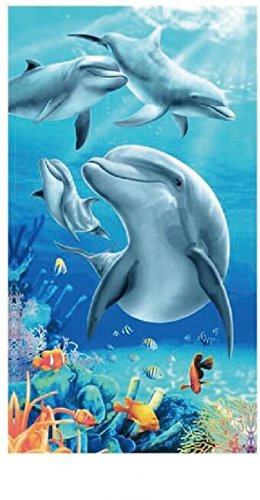 PING Strandtuch Microfaser Handtuch Extra Groß Badetuch 100x180cm für Damen Kinder Dünn Ultraleicht Duschtücher Ideal für Reisen Fitness Yoga Sauna Delphin Blau Bedruckt