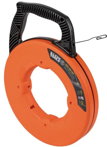 Fish Tape, Steel Wire Puller with Double Loop Tip, Optimized Housing and Handle, 3 mm x 36.6 m, Klein Tools 56333, Orange/Black