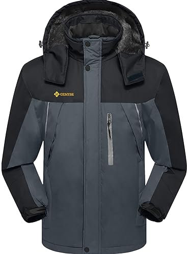 GEMYSE Uomo Giacca da Sci impermeabile montagna Giacche Pile invernale antivento Cappotto con Cappuccio (Grigio Neutro Nero,L)