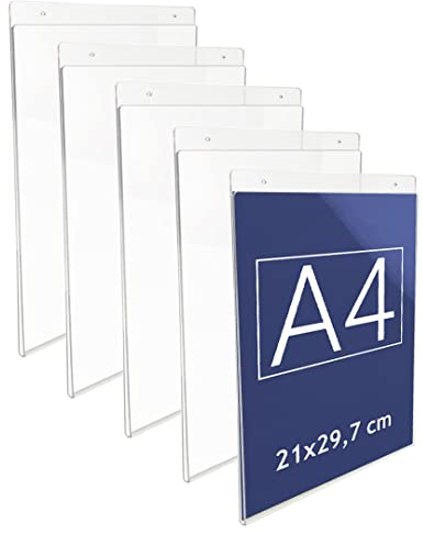 Danieli | Espositori Da Parete in Acrilico con Fori per Fissaggio a muro| Tasca porta avvisi da muro, fuori porta, portastampati da parete. (5pz A4 verticale)