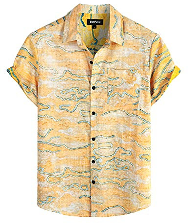 VATPAVE Mens Front Pocket Hawaiian Flower Shirts Casual Short Sleeve Button Down Beach Shirts Large Yellow Aloha