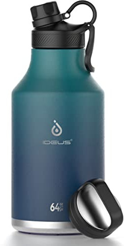 IDEUS 64oz Stainless Steel Insulated Thermal Sports Water Bottle with 2 Lids, Reusable Insualted Flask - Drinking Bottle for Home, Office, Travel, Camping, Hiking, Biking (Green)