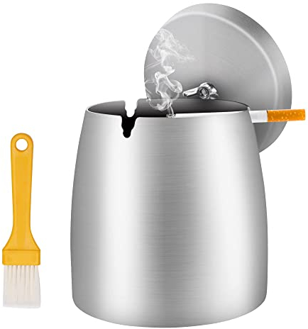 Y-home Aschenbecher für Draussen - Edelstahl Aschenbecher mit Deckel, Outdoor Windgeschützt Ashtray mit Reinigungsbürste, Groß Wind Aschenbecher für Draußen, Sturmaschenbecher für Balkon,Garten,Home