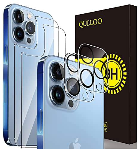 QULLOO Back Pellicola per iPhone 13 Pro 6.1 [2 Pezzi] + Pellicola Fotocamera [2 Pezzi], Pellicola Protettiva Posteriore Full Coverage Vetro Temperato Anti-graffio Copertina Completa Durezza