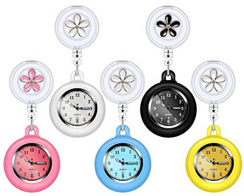 Vegena Krankenschwesteruhren, 5 Stück Einziehbare Krankenschwester Uhr Schwesternuhr Ansteckuhr fob Taschenuhren Zeiger Pflegeuhr mit Clip für Damen Herren Pfleger Doktor (A)
