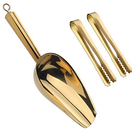 Eisschaufel und Eiszange aus Edelstahl, klein, runde Bodenstange, Eisschaufel, 15,2 cm, Servierzange mit Zähnen für große Würfel, Gefrierschrank, 3er-Set (Gold)