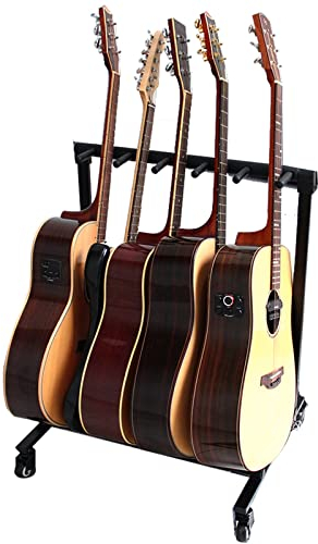 Gitarrenständer Guitar Stand Gitarrenhalter Multi Bass Ständer mit Rollen, Schwarz Displayhalter für 5 E-Gitarren, Schwerlast Instrumentenständer aus Metall, Musiker Männer Spieler Kinder Geschenke