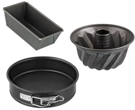 Zenker 9991850 Mini-Förmchen Set mit 3 Kuchenformen, Gugelhopfform, Springform, Edelstahl, Schwarz, 15 x 5,5 x 8,5 cm, 18 cm, 16 cm