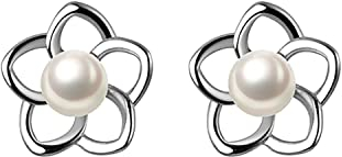 Reffeer Pendientes de tuerca de plata de ley 925 con perlas pequeñas para mujeres y adolescentes, 0.9CM, Plata de ley, Perla sintética