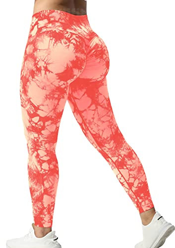 Yiifit Tie Dye Sports Leggings Damen Scrunch Butt High Waist Push Up Gym Fitness Workout Leggings Orange, Small