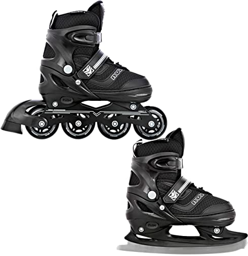 RAVEN Inline Skates Inliner für Kinder und Erwachsene OPTIONAL 2in1 mit Schlittschuhen verstellbar (Drill Black mit Kufen, 38-42 (25cm-27,5cm))