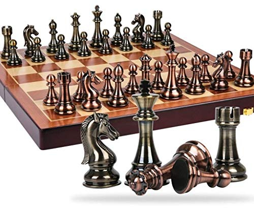 NIVOK Schachset Chessmetal Bronze und Messing Schachfiguren Klappbares Schachbrett aus massivem Holz Hochwertiges professionelles Schachspiel-Set