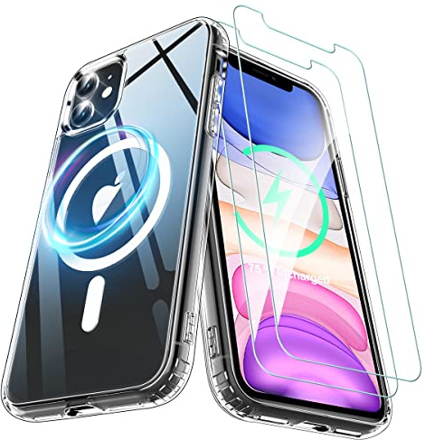 Ruayia für iPhone 11 Hülle für MagSafe, mit 2 Stück Panzerglas Handyhülle iPhone 11, Durchsichtig Hybrid Magnet Hülle Stoßfest Kratzfest Rückseite Schutzhülle iPhone 11, 6.1''- Klares