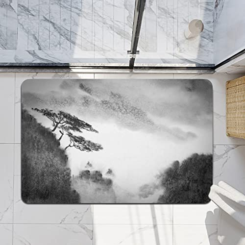 EMMCRAZ BadezimmerteppicheAsien Hochgebirge Nebel und Starke Kiefer Herbst Kalligrafie China Cliff Cloud Badezimmer-Dekor-Fußmatten Teppiche für Dusche, Badewanne, Toilette