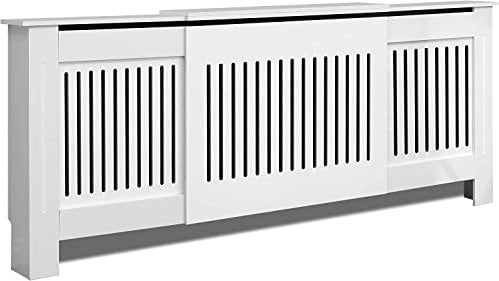 Blisswood Radiator Cover White – Adjustable Radiator Cover Grill Shelf Cabinet, MDF Wooden Slatted Decorative Heater Cover for Living Room, Bedroom, Hallway, Office (19D x 140-204W x 83.2H cm)