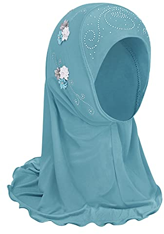 Mädchen Kopftuch Kinder Muslimischer Hijab Kleines Mädchen Moslem Schal mit Blumen Arabien Islamische Kopfkappe Kleidung Schal Sommer Stretch Turban Gesichtsschleier Kopfbedeckung (Blümchen-Grün)