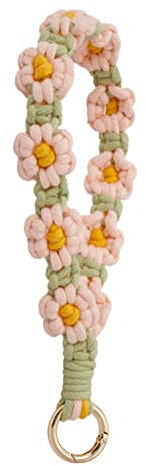 XGALBLA Damen Durable Makramee Schlüsselanhänger Boho Handmade Wristlet Armband Schlüsselanhänger Blume Floral Handgelenk Lanyard Handgemachte Halter, Goldschnalle, Rosa und Grün, Medium