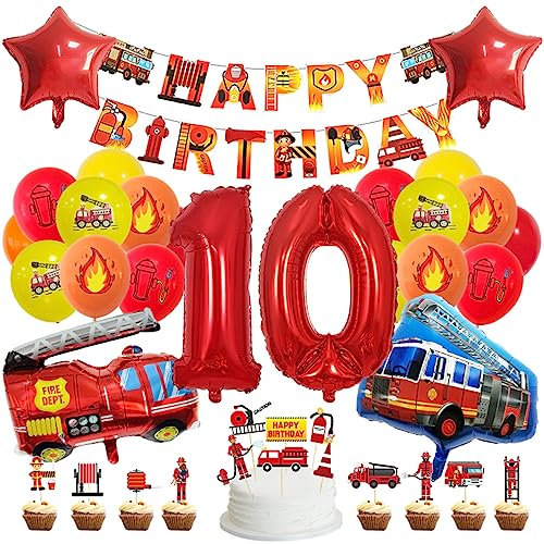 Guoguonb 10 Jahre Feuerwehrauto Geburtstag Party Dekoration Happy Birthday Banner Feuerwehr Bedruckte Ballons Feuerwehr Tortendekoration für Kindergeburtstag 10.Geburtstag Party Dekoration