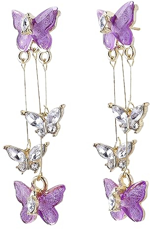 Schmetterling Ohrringe Damen Quasteohrringe Lila Kristall Strass Hängende Mädchen Anhänger Ohrringe Lange Glänzende Earrings Schmetterlings Tropfenohrringe für Abschlussfeier Geburtstag