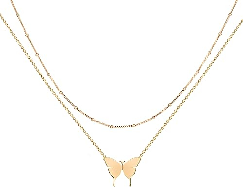 Jenosy Kette Layered Damen Kette Schmetterling Gold Personalisierte Schmetterling Kette Zarte Halskette mit Schmetterling Anhänger Hypoallergene Vergoldete Kette Modeschmuck für Frauen Mädchen