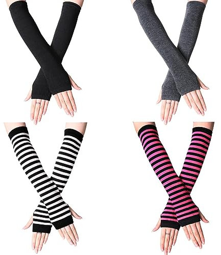 SPOKKI 4 Paar Lange Fingerlose Handschuhe, Wärmer Daumenloch Ellenbogen Länge Armstulpen Handschuhe, Warme Winterhandschuhe für Büro Tippen und Computer