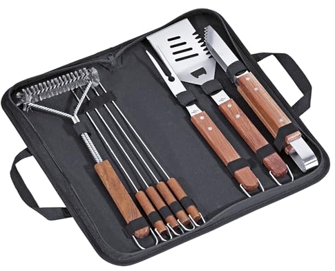 Küchenprofi Set da barbecue Texas, 8-TLG, accessori per barbecue in acciaio inox, set di posate per barbecue composto da forchetta per carne, pinza per barbecue, spazzola per barbecue, 4 spiedini,