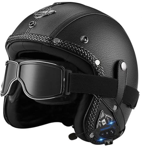 Motorbike Open Face Bluetooth Helmet Retro Jet Motorcycle Leather Helmet Adult Half Helmet with Fashion Goggles ECE Approved Men's and women's 3/4 helmets Moped Scooter 7,L(59-60CM)