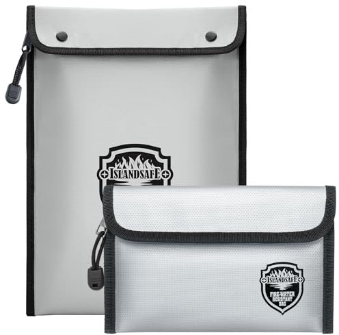 ISLANDSAFE Feuerfeste Dokumententasche, wasserdichte Geldtasche mit Reißverschluss, Aufbewahrungstasche für Wertsachen, A4, A5, Dokumentenmappe, Bargeld, Kreditkarte, Reisepass (grau, klein + groß)