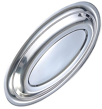 CTCOIJRN 3pcs Metal Serving Platter Shallow Dish Sizzling Platter Ceramic Tray Oval Plates Stainless Steel Plate Stainless Steel Cups Oval Fish Dish Fish Platter Egg Type Iron Plate (Silve(Color:Silve