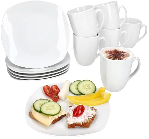 MamboCat Lotta 12tlg Frühstücksset I weißes Porzellan-Geschirr für Frühstücks- & Kaffeezeit I Je 6X Teller & Kaffeebecher 300ml, Höhe 10,5cm für 6 Personen