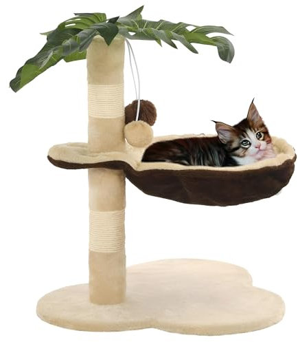 Tiragraffi gatto piccolo 'Idillio estivo' in legno, sisal e poliestere, beige e marrone con palma, per espandere e riposare con giocattoli e letto