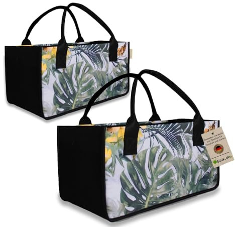 2 Stück Filztaschen Einkaufstasche Kaminholztasche Kaminholzkorb Filz Zeitungsständer Zeitungskorb (Blume - Weiß)