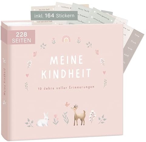 mintkind® Erinnerungsalbum Kindheit Rosa, Babybuch Mädchen mit Sticker Set, Geschenk zur Geburt, Fotoalbum Kinder, Tagebuch zum Eintragen, Erinnerungsbuch Kindheit 0–10 Jahre
