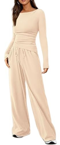 2-teiliges Lounge-Set für Damen, asymmetrisch, 2-teiliges Lounge-Set, 2-teiliges Langarm-Set für Damen, Reise-Outfits für Damen, beige, XS
