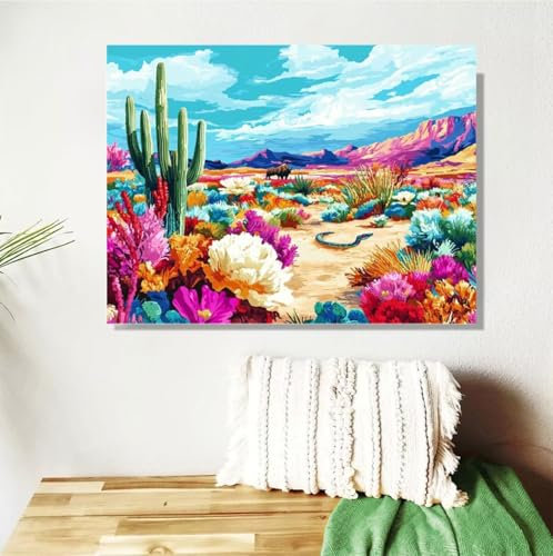 Malen Nach Zahlen Erwachsene Kaktus Malen Nach Zahlen Farbe Paint by Numbers DIY Handgemalt Ölgemälde Leinwand Bastelset Kit mit 3-Pinseln und Acrylfarben,Zimmer Deko Geschenk 50x70cm Mit Rahmen M-579
