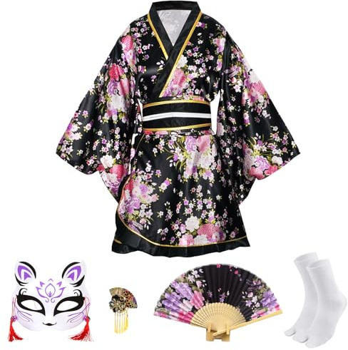 CRFASIBE 5 Pezzi Donna Kimono Corto, Costume Tradizionali Giapponesi Yukata | Completo Kimono Corto con Accessori Inclusi, Taglio Aderente, Confezione Regalo, Ideale per Carnevale, Cosplay, Feste