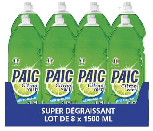 PAIC - Liquide Vaisselle Paic Citron Vert Super Dégraissant - Nettoie - Dégraisse - Élimine les mauvaises odeurs - Lot de 8 x 1500 ML